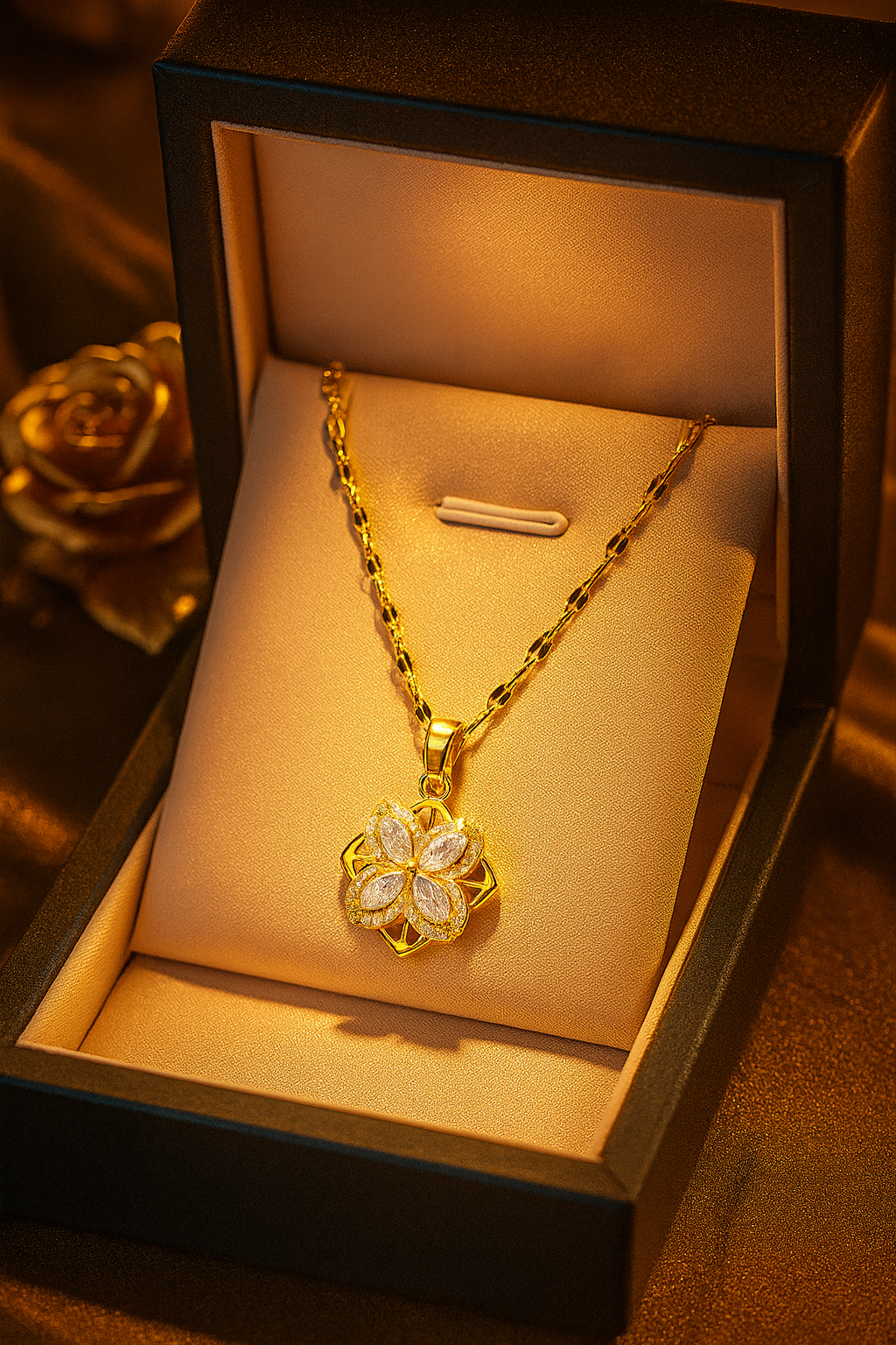 gold-tone four-leaf clover necklace with a crystal-studded pendant