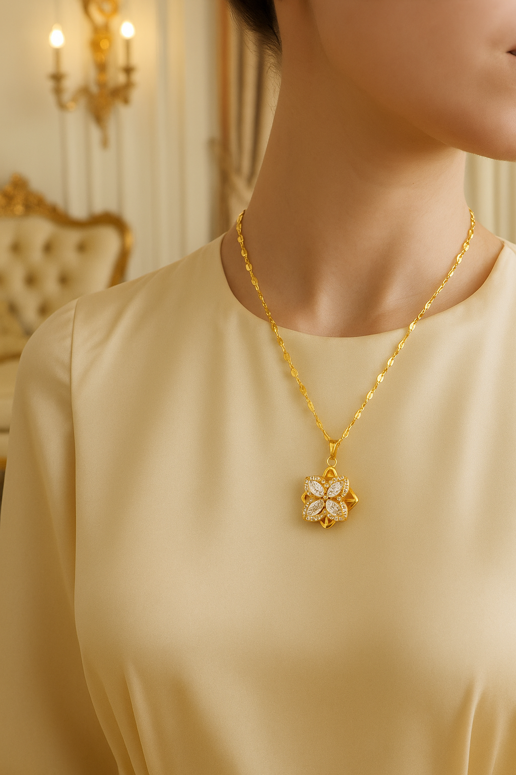 gold-tone four-leaf clover necklace with a crystal-studded pendant